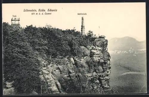 AK Lilienstein /Sächsische Schweiz, Wettinsäule und Turm