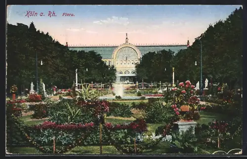 AK Köln-Riehl, Flora, Gartenanlage mit Springbrunnen