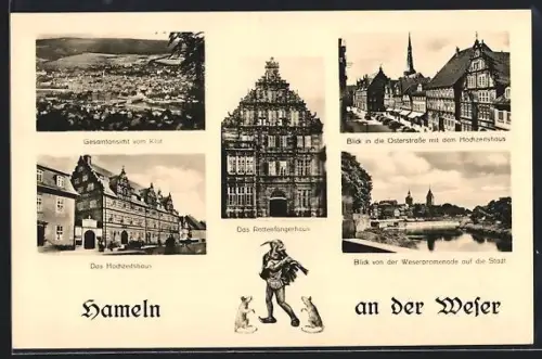 AK Hameln an der Weser, Rattenfängerhaus, Hochzeitshaus, Blick von der Weserpromenade auf die Stadt