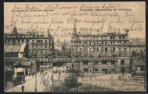 AK Wuppertal /Elberfeld, Schwebebahn Haltestelle Döppersberg, Viererzug, Bahnhofsgebäude