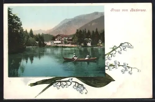 AK Grainau /Badersee, Seeansicht mit Ruderboot, Berge, Hotelgebäude