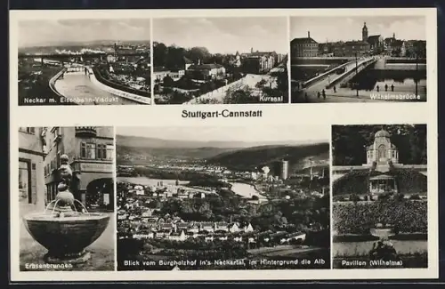 AK Stuttgart-Cannstatt, Neckar mit Eisenbahn-Viadukt, Kursaal, Wilhelmsbrücke, Erbsenbrunnen, Wilhelma-Pavillon