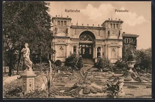 AK Karlsruhe, Festhalle, Gartenanlage, Statue