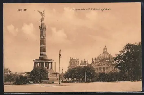 AK Berlin-Tiergarten, Siegessäule, Reichstagsgebäude