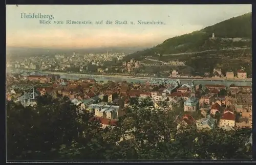 AK Heidelberg, Blick vom Kieselstein auf die Stadt und Neuenheim