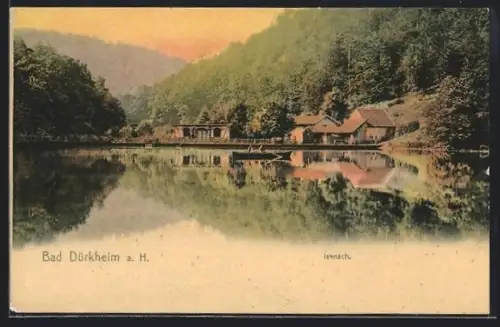AK Bad Dürkheim a. H., Isenach, See mit Gebäuden und Wald