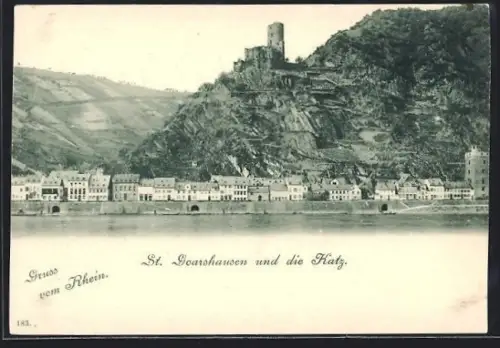 AK St. Goarshausen, Stadtansicht und Burg Katz