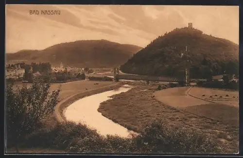 AK Bad Nassau, Burg Nassau, Flusslandschaft, Hügel mit Aussichtsturm