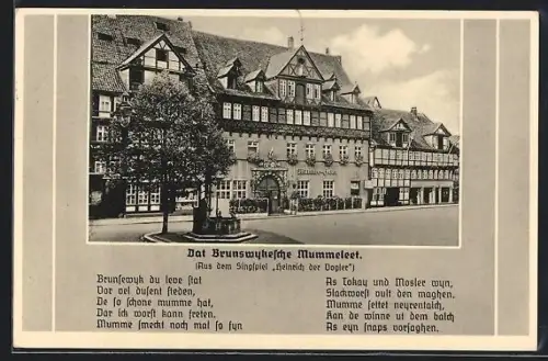 AK Braunschweig, Fachwerkhäuser am Platz mit Brunnen und Mummellied