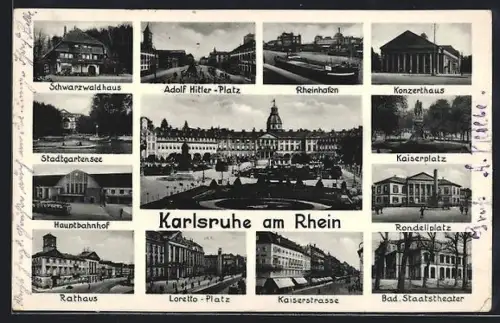 AK Karlsruhe am Rhein, Schloss, Platz, Schwarzwaldhaus, Rheinhafen, Konzerthaus, Hauptbahnhof