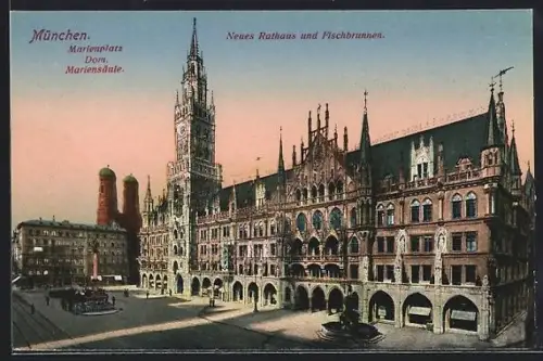 AK München, Marienplatz, Neues Rathaus, Dom, Mariensäule, Fischbrunnen