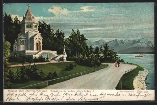 AK Berg /Starnberger See, Votivkirche für König Ludwig II., Uferpromenade