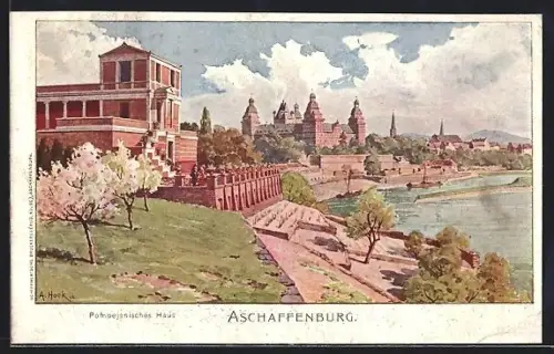 Künstler-AK Aschaffenburg, Pompejanisches Haus, Schloss, Mainufer