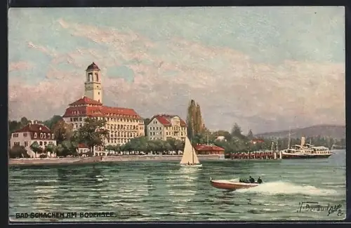 Künstler-AK Bad Schachen am Bodensee, Uferpanorama, Dampfer, Segelboote