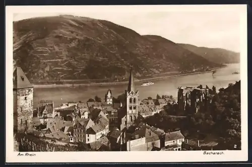 AK Bacharach /Rhein, Ortsansicht mit Kirche und Burgruine