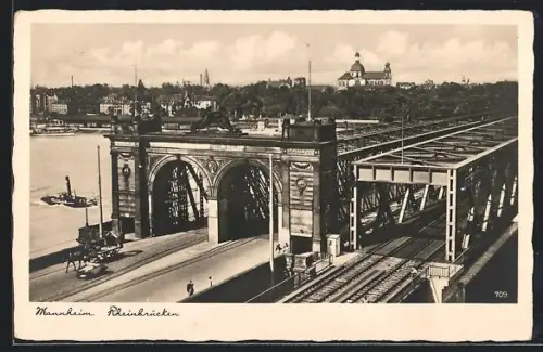 AK Mannheim, Rheinbrücke aus der Vogelschau