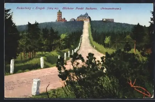 AK Fichtelberg i. Erzgeb., Höchster Punkt Sachsens, Prinzenstrasse, Fichtelberghaus