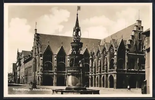 AK Braunschweig, Altstadtrathaus mit Brunnen