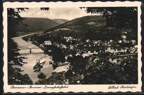 AK Bad Karlshafen, Oberweser-Personen-Dampfschifffahrt, Dampfer und Ort aus der Vogelschau