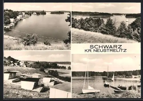 AK Schwarz /Neustrelitz, Ortsansicht mit Blick über den See und Anlegerhafen