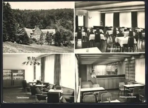 AK Rehefeld /Osterzgeb., FDGB-Erholungsheim Aufbau, Innenansichten Speiseraum und Lesezimmer