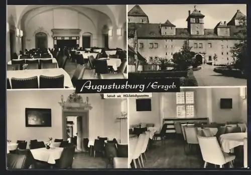 AK Augustusburg, Schloss mit HO-Schlossgaststätte, Aussenansicht u. Inneres