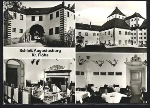 AK Augustusburg, Schloss, Torhaus, Lindenhaus und Schlossgaststätte, Jagdzimmer und Weinstube