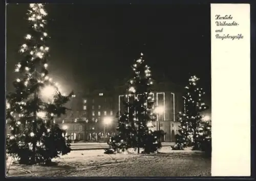 AK Dresden, Altmarkt mit Weihnachtsbäumen bei Nacht, Festtagsgruss
