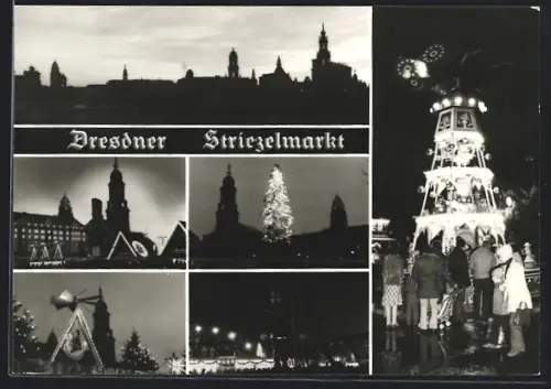 AK Dresden, Striezelmarkt am Abend, Mehrfachansicht, Weihnachtspyramide