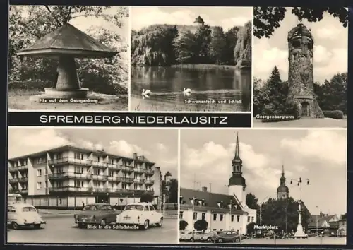 AK Spremberg /Niederlausitz, Gebäudeansicht in der Schlossstrasse, Marktplatz mit HO-Gaststätte und Rathaus