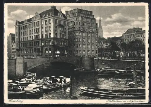 AK Hamburg, Stellahaus und Neptunhaus, Alsterkanal, Boote