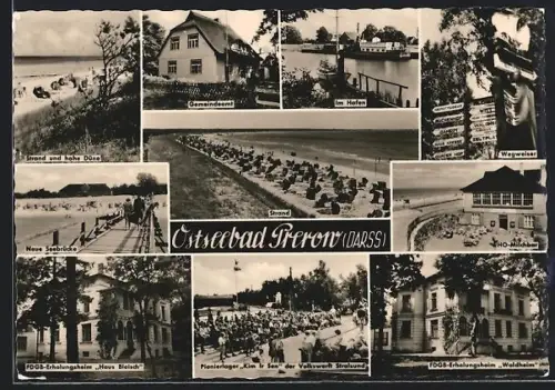 AK Prerow /Darss, Strand, Gemeindamt, Neue Seebrücke, FDGB-Erholungsheim Haus Bleisch