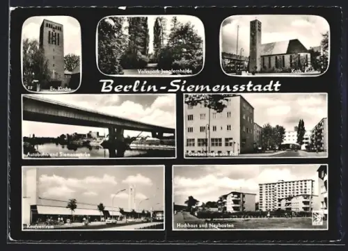 AK Berlin-Siemensstadt, Ev. Kirche, Volkspark Jungfernheide, Goebelstrasse mit Post