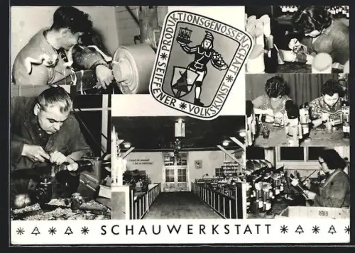 AK Seiffen /Erzgeb., Produktionsgenossenschaft Seiffener Volkskunst, Schauwerkstatt, Handwerksarbeiten