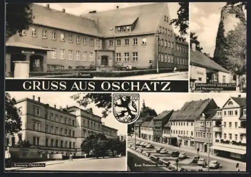 AK Oschatz, Postamt, Stadtturm und Heimatmuseum, Erweiterte Oberschule, Ernst-Thälmann-Strasse