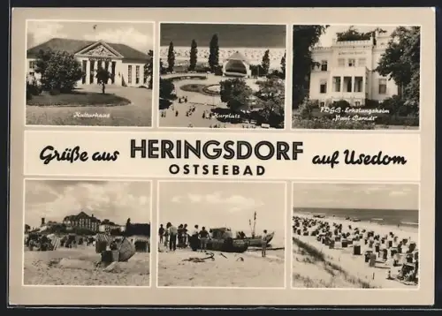 AK Heringsdorf, Kulturhaus, Kurplatz, FDGB-Erholungsheim Paul Barndt, Strandansicht