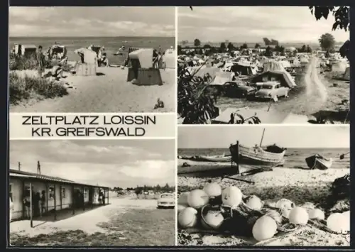 AK Loissin /Greifswald, Zeltplatz, Strand, Boote
