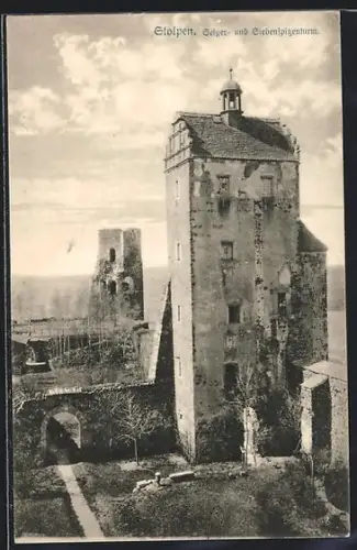 AK Stolpen, Seiger- u. Siebenspitzenturm aus der Vogelschau