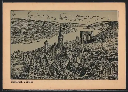 Künstler-AK Bacharach a. Rh., Totalansicht mit Rheinblick