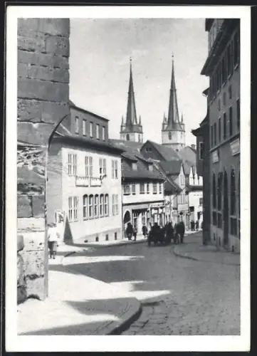 AK Saalfeld /Saale, Brudergasse mit Türmen der St. Johanneskirche
