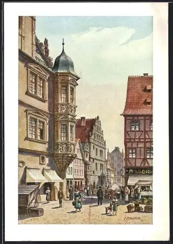 Künstler-AK Coburg, Markt mit Erkerhaus und Fachwerkhäusern