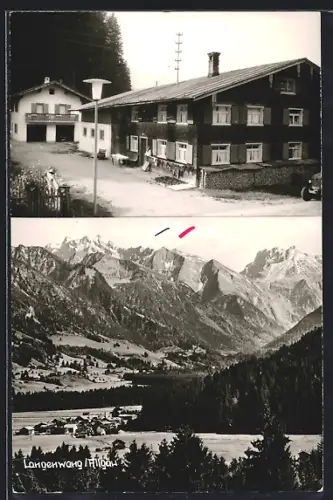 AK Langenwang /Allgäu, Ortsansicht, Berge, Bauernhaus