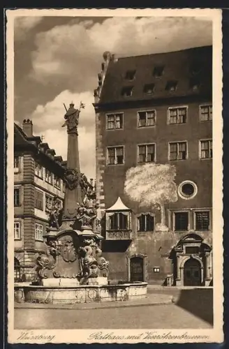 AK Würzburg, Rathaus mit Vierröhrenbrunnen