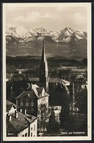 AK Rosenheim, Partie mit Kirche und Alpenpanorama