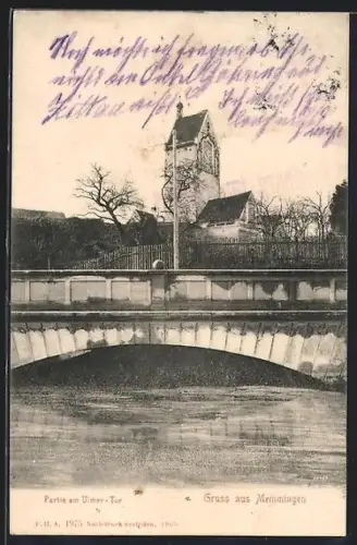 AK Memmingen, Partie am Ulmer-Tor, Brücke, Kirche