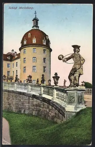 AK Moritzburg, Schloss Moritzburg, Brücke mit Statue