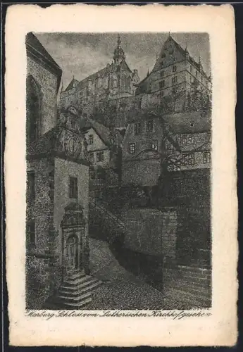 Künstler-AK Marburg, Schloss vom Lutherischen Kirchhof gesehen