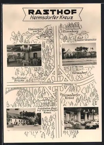 AK Hermsdorf, Rasthof Hermsdorfer Kreuz mit Karte der Umgebung