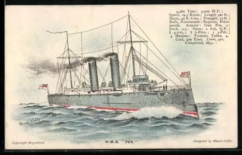 Künstler-AK Britisches Kriegsschiff HMS Fox in voller Fahrt