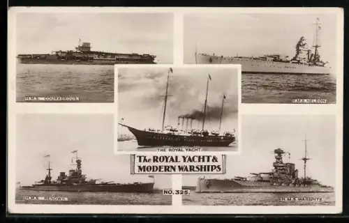 AK The Royal Yacht Victoria and Albert and modern warships, HMS Nelson, HMS Renown, Kriegsschiff